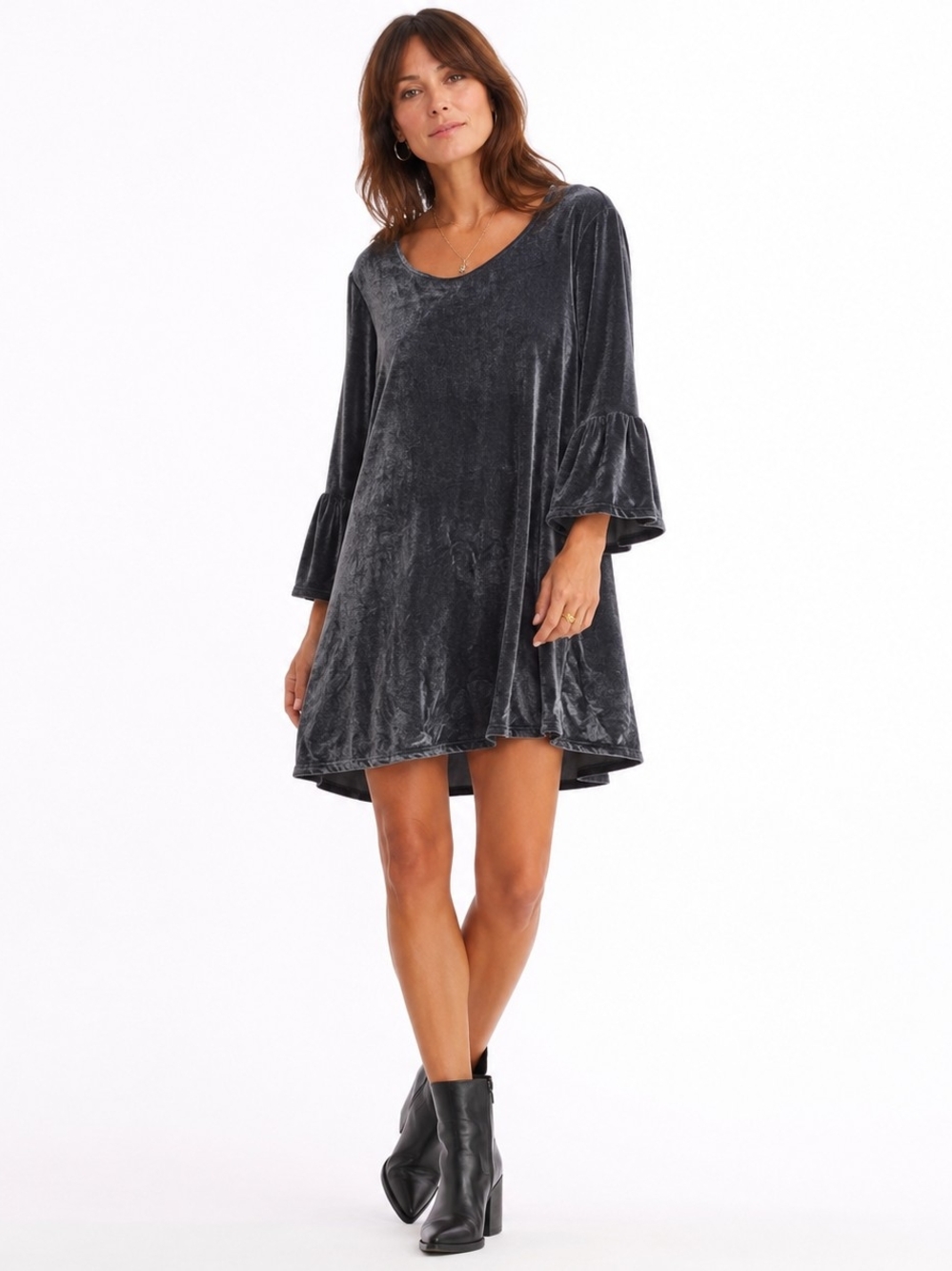 Bryn Walker Phryne Velvet Tunic Dress L Charcoal Gray Ruffle Sleeve Boho Luxe